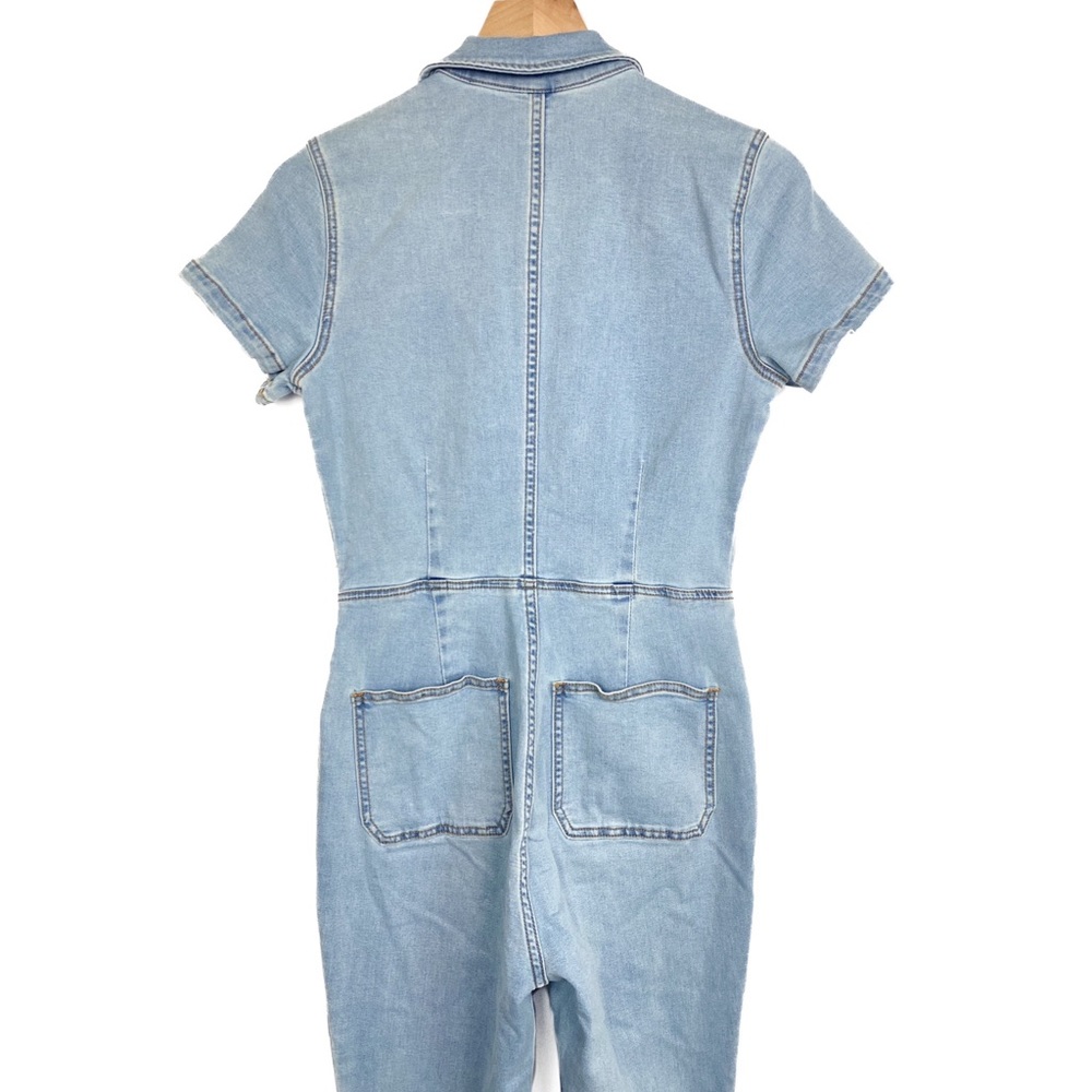 Free People Hearts Beat Fitted Flare Denim Coverall Jumpsuit in Sunbath Blue - S - Picture 8 of 10